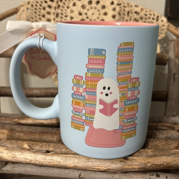 Spooky Readers Book Club Ghost Reading a Book Soft Touch Blue Pink Coffee Mug - Picture 4 of 11